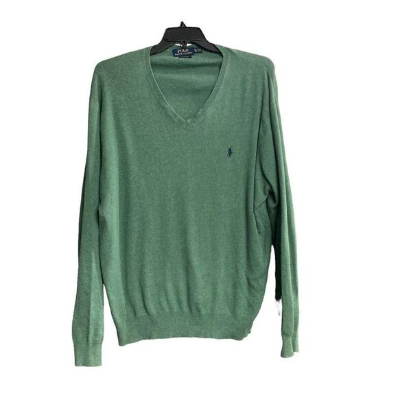 POLO Ralph Lauren Men's Green V-Neck Pima Cotton Long Sleeve Sweater Top Size Ex - Picture 1 of 9